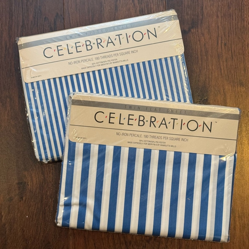 Vintage Mervyns Percale Blue Stripe Twin Flat & Fitted Sheets - NWT